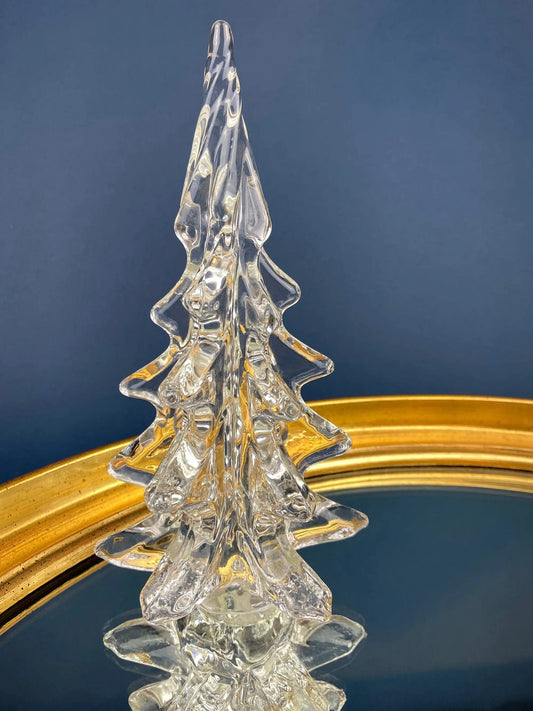 Lead crystal Christmas tree glass sculpture with faceted layered branches on a gold tray on Tampa Home & Garden Store