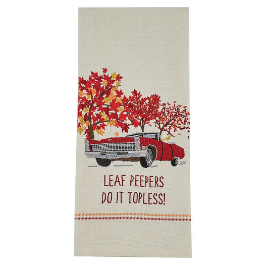 Leaf Peepers Embroidered Dish Towel by Country Christmas Loft on cream linen with red truck on Tampa Home & Garden Store