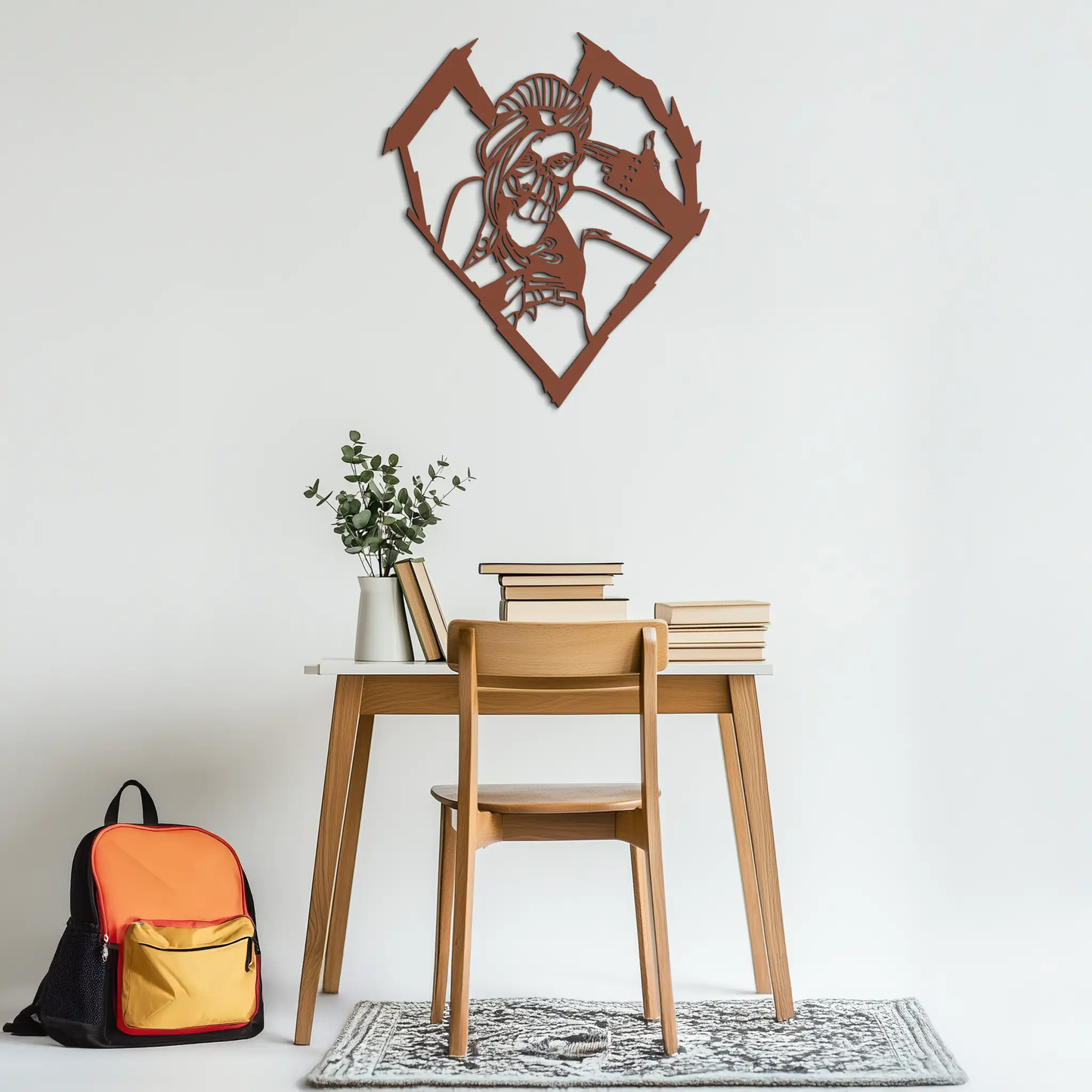 League of Legends Jinx metal wall art decor, brown silhouette cutout in diamond frame on Tampa Home & Garden Store