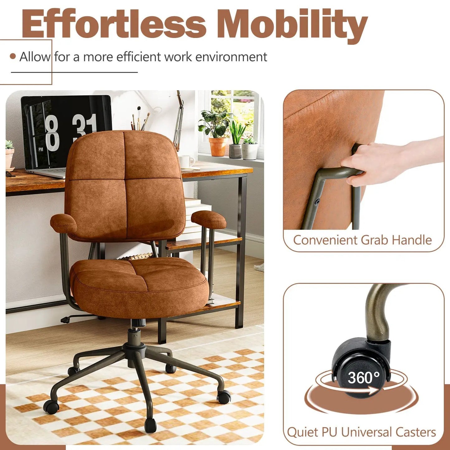 Leathaire Upholstered Task Chair brown leather with cushioned back and 5-star base casters on Tampa Home & Garden Store