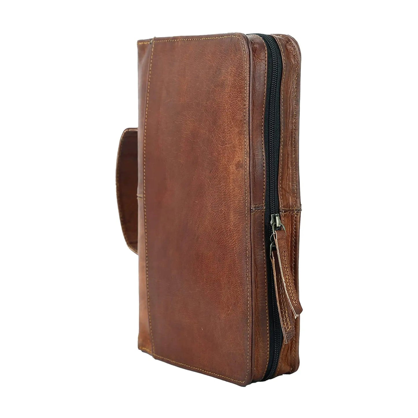 Leather book cover with travel strap in brown leather, stitched edges on Tampa Home & Garden Store