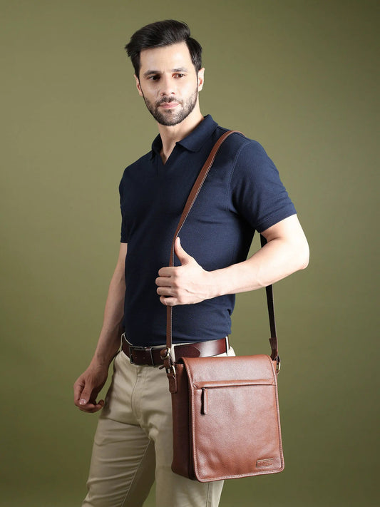 Leather crossbody messenger bag in brown leather with front pocket by Classy Leather Bags on Tampa Home & Garden Store