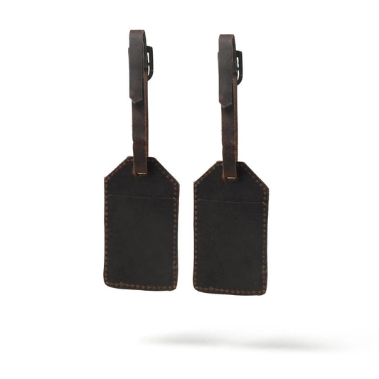 Leather luggage tag set, two dark brown tags with stitched edges on Tampa Home & Garden Store