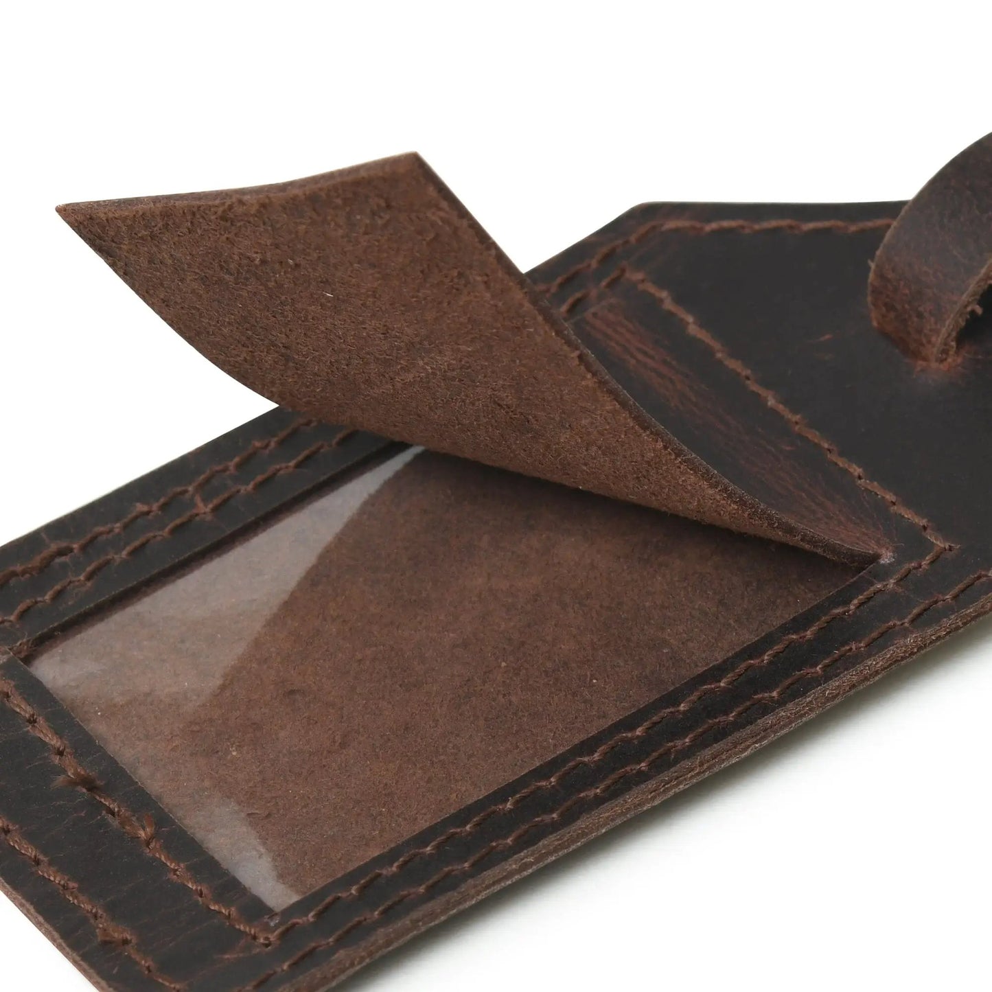 Leather luggage tag set with window in brown leather, contrast tan stitching on Tampa Home & Garden Store