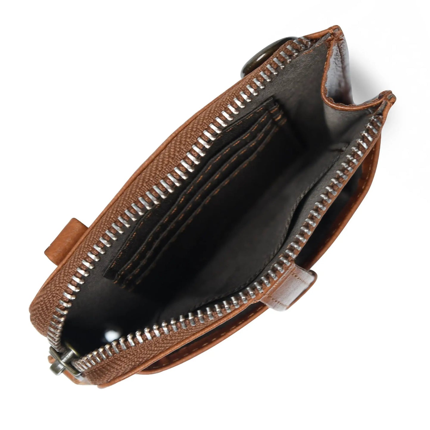 Leather Mobile Sling 2.0 crossbody pouch in brown Nappa leather with metal zipper on Tampa Home & Garden Store