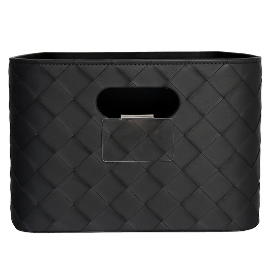 Leather Woven Bin in black with integrated handles and soft lining, diamond-stitched exterior on Tampa Home & Garden Store