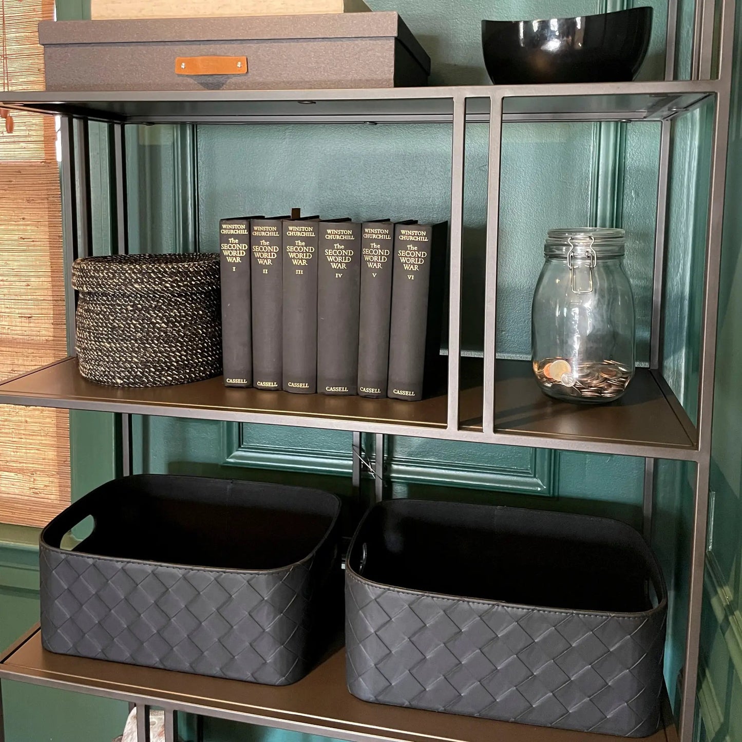 Leather Woven Bin Black with Handles and Lining, 2-pack storage baskets on Tampa Home & Garden Store