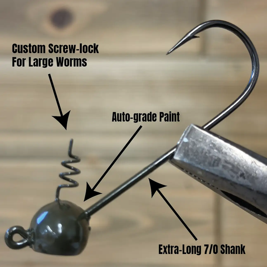 Ledge Hammer jighead two-pack for long worms with long 7/0 shank and screw-lock green head on Tampa Home & Garden Store