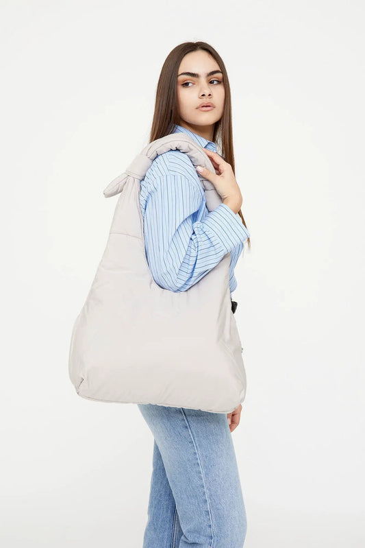 Biwa Puffy Bag Fossil quilted handbag by Lefrik USA, light gray oversized crossbody on Tampa Home & Garden Store