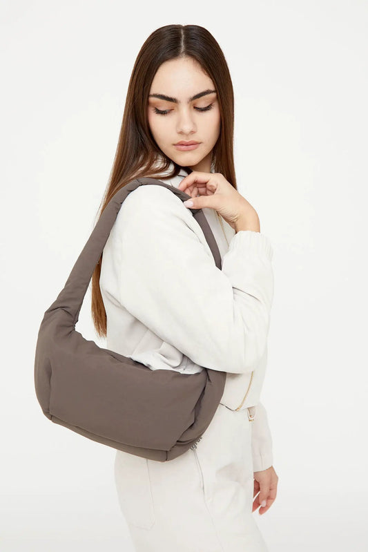 Myra Mini Bag Taupe with Circular Handle shoulder bag Lefrik USA, taupe fabric worn on model on Tampa Home & Garden Store