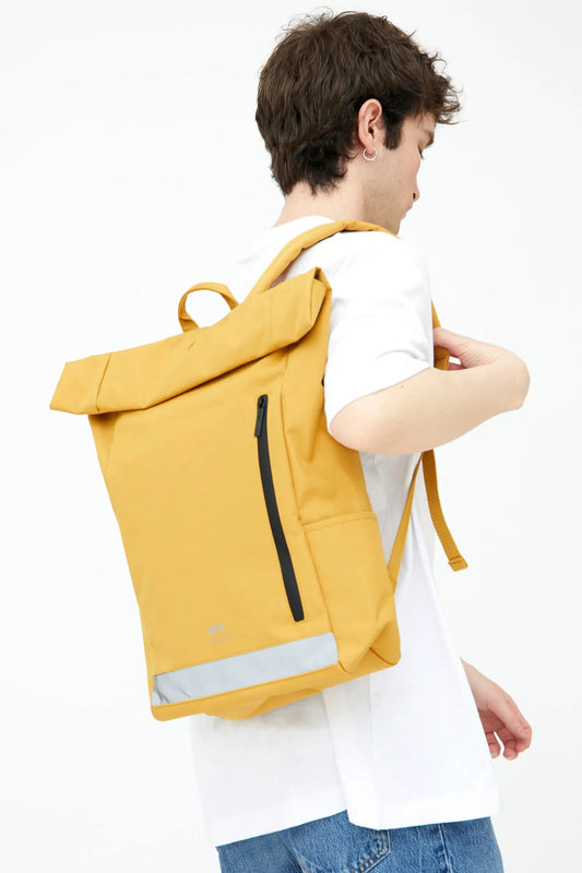 Roll Reflective Backpack mustard by Lefrik USA with roll-top closure and reflective strip on Tampa Home & Garden Store