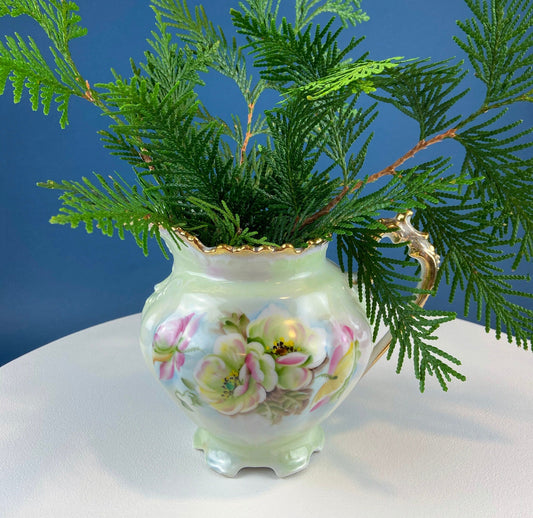 Lefton Porcelain Pitcher Vase: Hand Painted Wild Rose, Gold Trim - Tampa Home & Garden Store