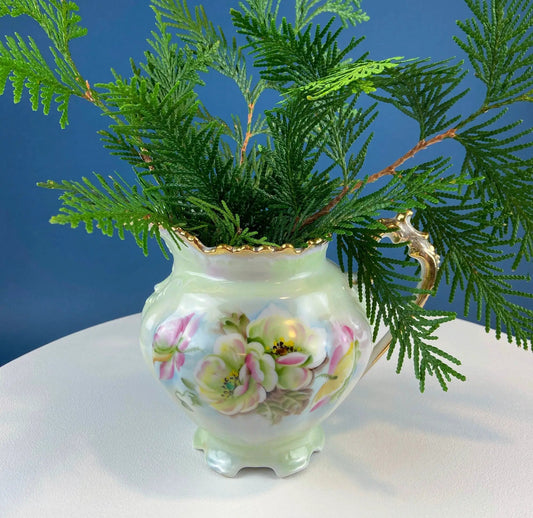 Lefton porcelain rose pitcher vase with gold trim, hand-painted pastel roses holding sprigs on Tampa Home & Garden Store