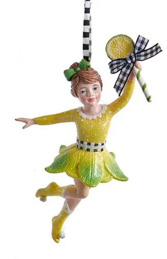 Lemonade Fairy Ornament in yellow dress holding lemon lollipop with plaid ribbon on Tampa Home & Garden Store