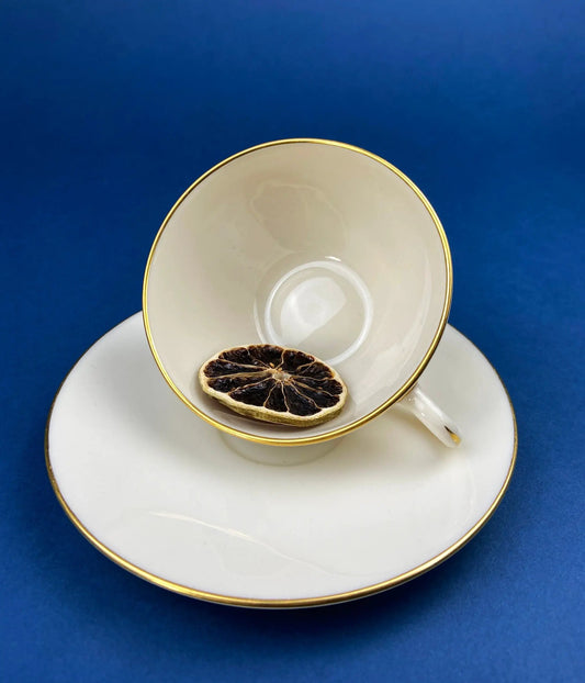 Lenox Olympia porcelain tea cup and saucer with gold trim on deep blue backdrop; citrus garnish on Tampa Home & Garden Store