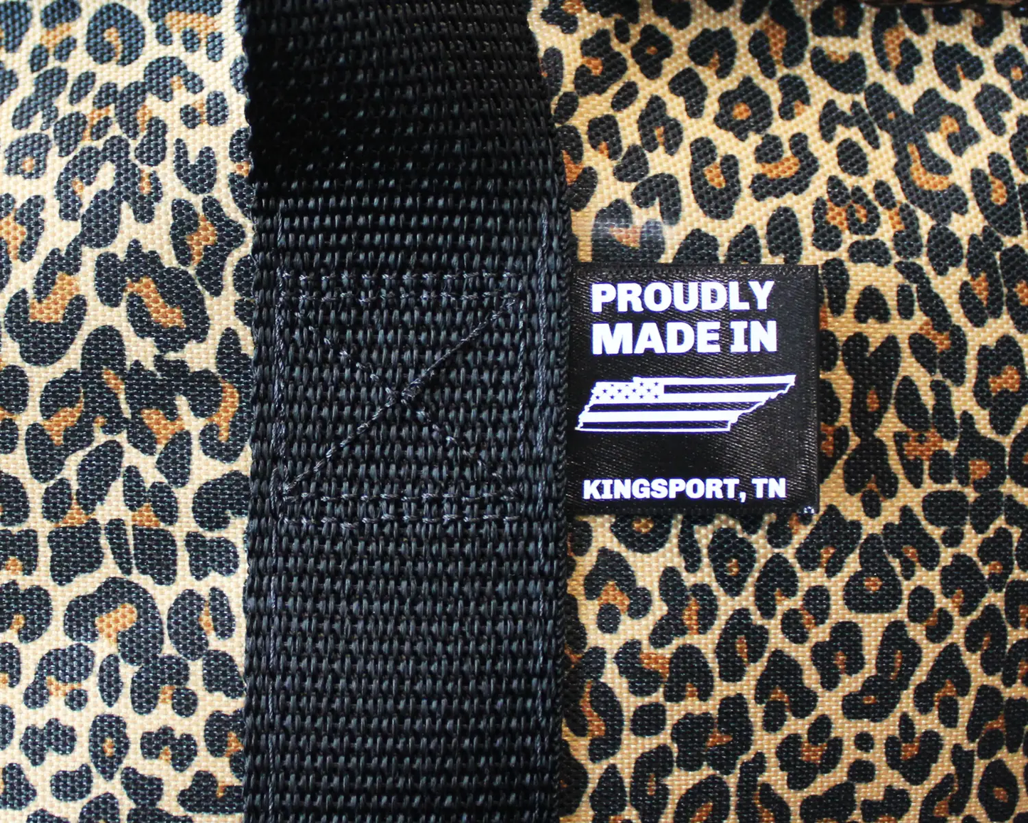 Leopard Print Tote Bag with durable polyester, black woven strap, proudly made in Kingsport, TN on Tampa Home & Garden Store