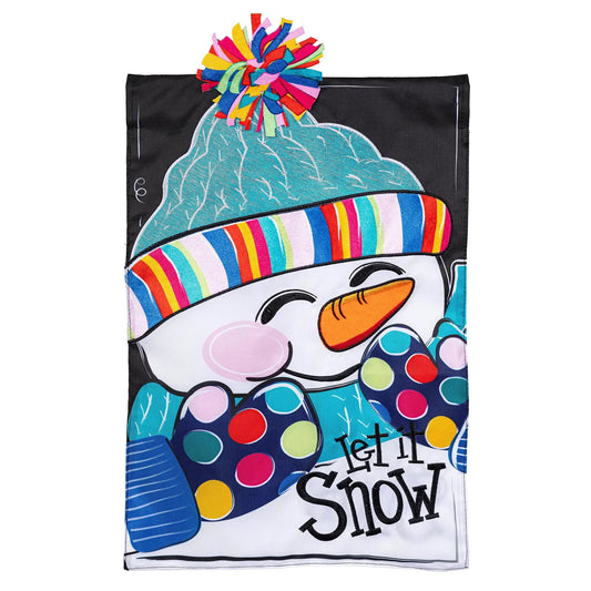 Let It Snow Man Applique Garden Flag colorful rainbow scarf and rainbow pom-pom hat on black background on Tampa Home & Garden Store