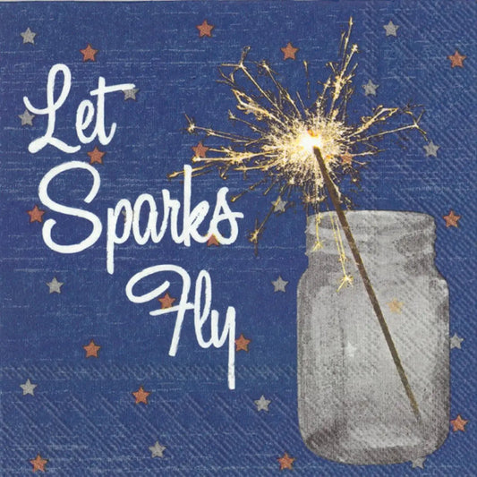 Let Sparks Fly cocktail napkins 20 count with sparkler over a bottle on blue starry background on Tampa Home & Garden Store