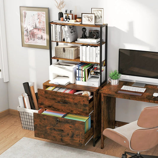 Letter Size Lateral File Cabinet with Lock and Bookshelf in rustic brown wood with black metal frame on Tampa Home & Garden Store