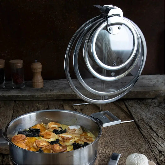 Strate Lids Holder for Detachable Flat Lids, stainless steel lid rings on stand beside CRISTEL USA pot on Tampa Home & Garden Store