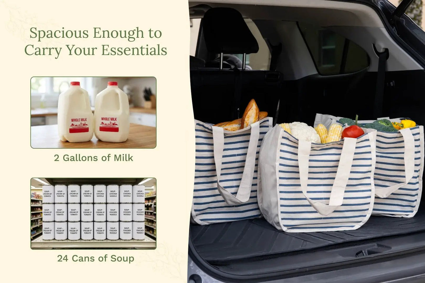 Blue and white striped Organic Cotton Mart totes filled with groceries in a car trunk on Tampa Home & Garden Store