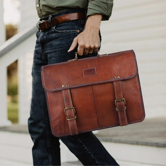 Exotic Leather Messenger Bag for Men in brown with buckle straps on Tampa Home & Garden Store