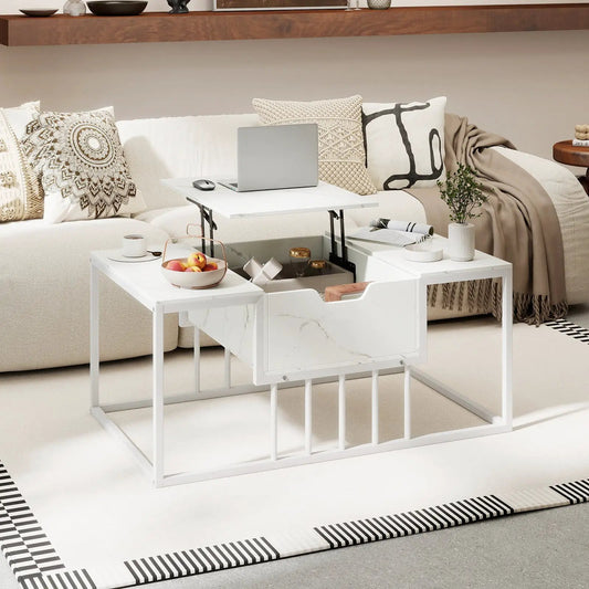 Lift Top Coffee Table with Hidden Storage, white marble finish, DirectDeals, 3-piece set on Tampa Home & Garden Store