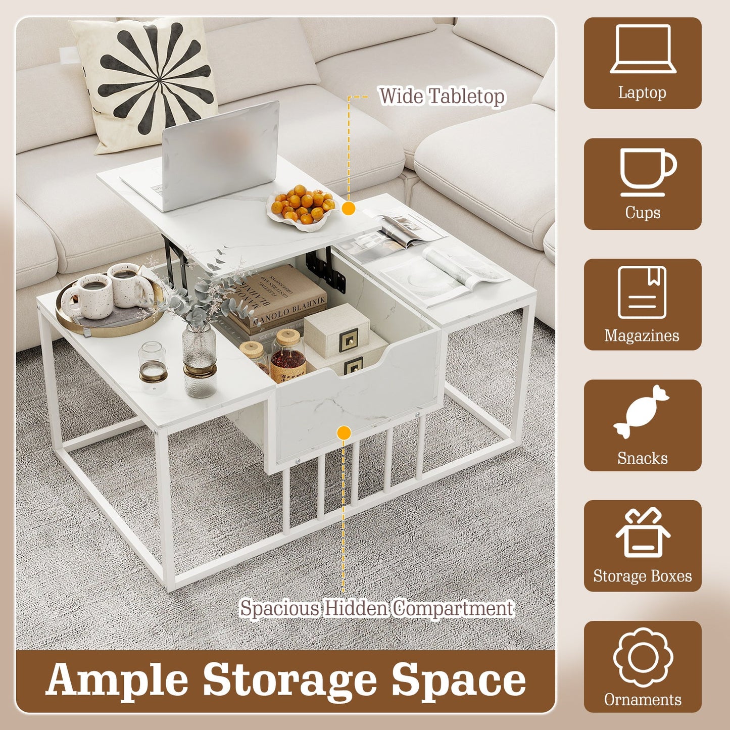 Lift Top Coffee Table with Hidden Storage in white marble top and metal frame DirectDeals on Tampa Home & Garden Store