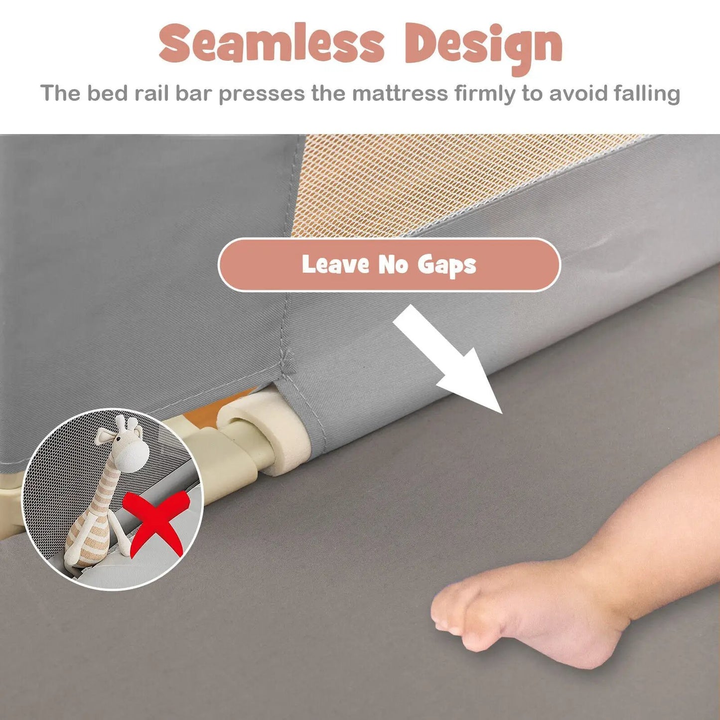 69 Inch Toddlers Bedrail Guard with Lock in gray fabric and mesh panel DirectDeals on Tampa Home & Garden Store
