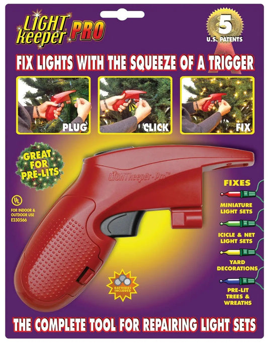 LightKeeper Pro repair tool for light sets, red handheld device on purple packaging on Tampa Home & Garden Store