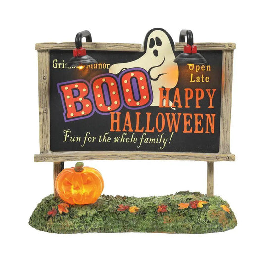 Lighted Ghost Billboard Halloween village sign with ghost, Boo Happy Halloween text, pumpkin on Tampa Home & Garden Store