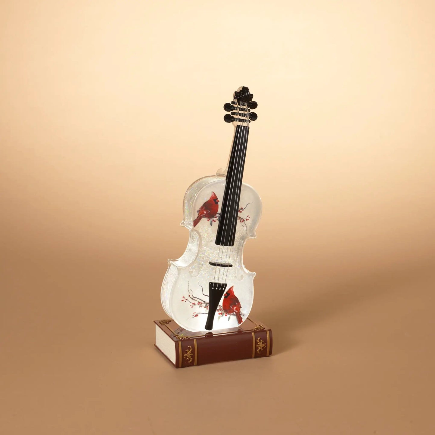Lighted violin-shaped waterglobe with LED, clear glass body and black neck on Tampa Home & Garden Store