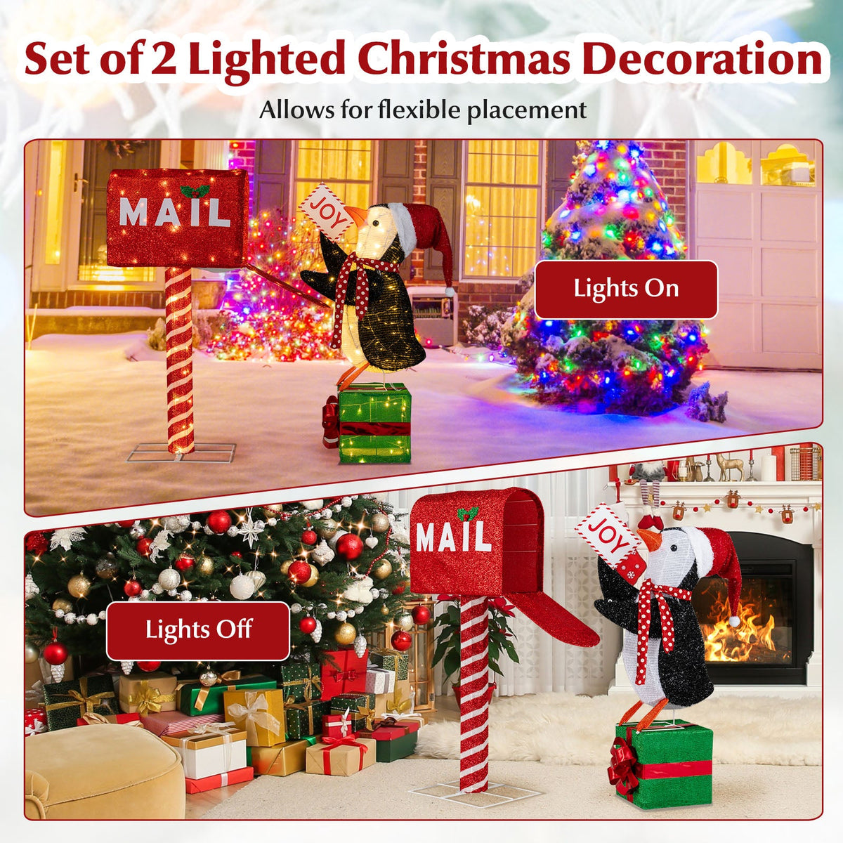 Lighted Christmas Mailbox and Penguin 3D decoration with glitter mailbox and penguin on Tampa Home & Garden Store