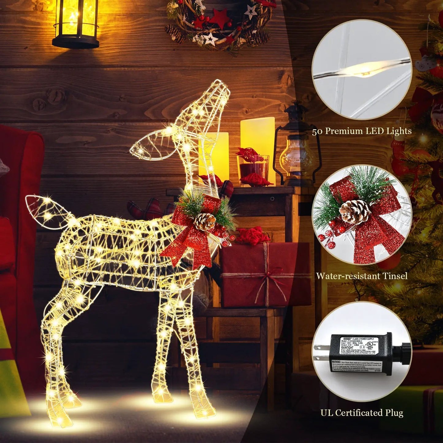 34.5 inch lighted Christmas reindeer, 50 warm white LEDs, wire-frame lawn ornament on Tampa Home & Garden Store