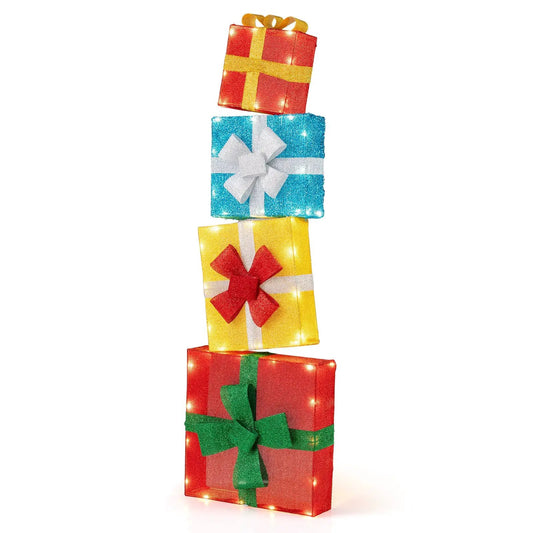 Lighted Gift Boxes Christmas Decor 4-Pack stacked with glittery red, blue and yellow boxes on Tampa Home & Garden Store