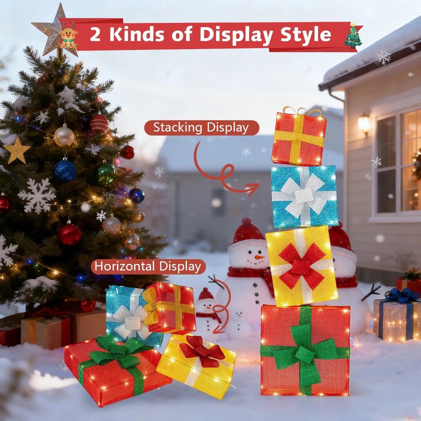 Lighted Gift Boxes 4-Pack in red blue yellow green glitter with ribbons DirectDeals on Tampa Home & Garden Store