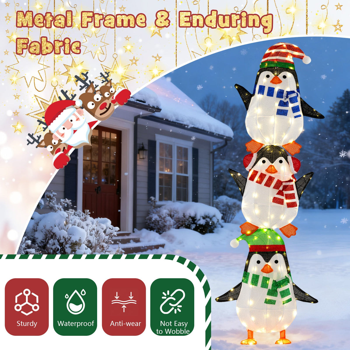 Lighted penguins decoration stacked with cute hats and warm white LEDs by DirectDeals on Tampa Home & Garden Store