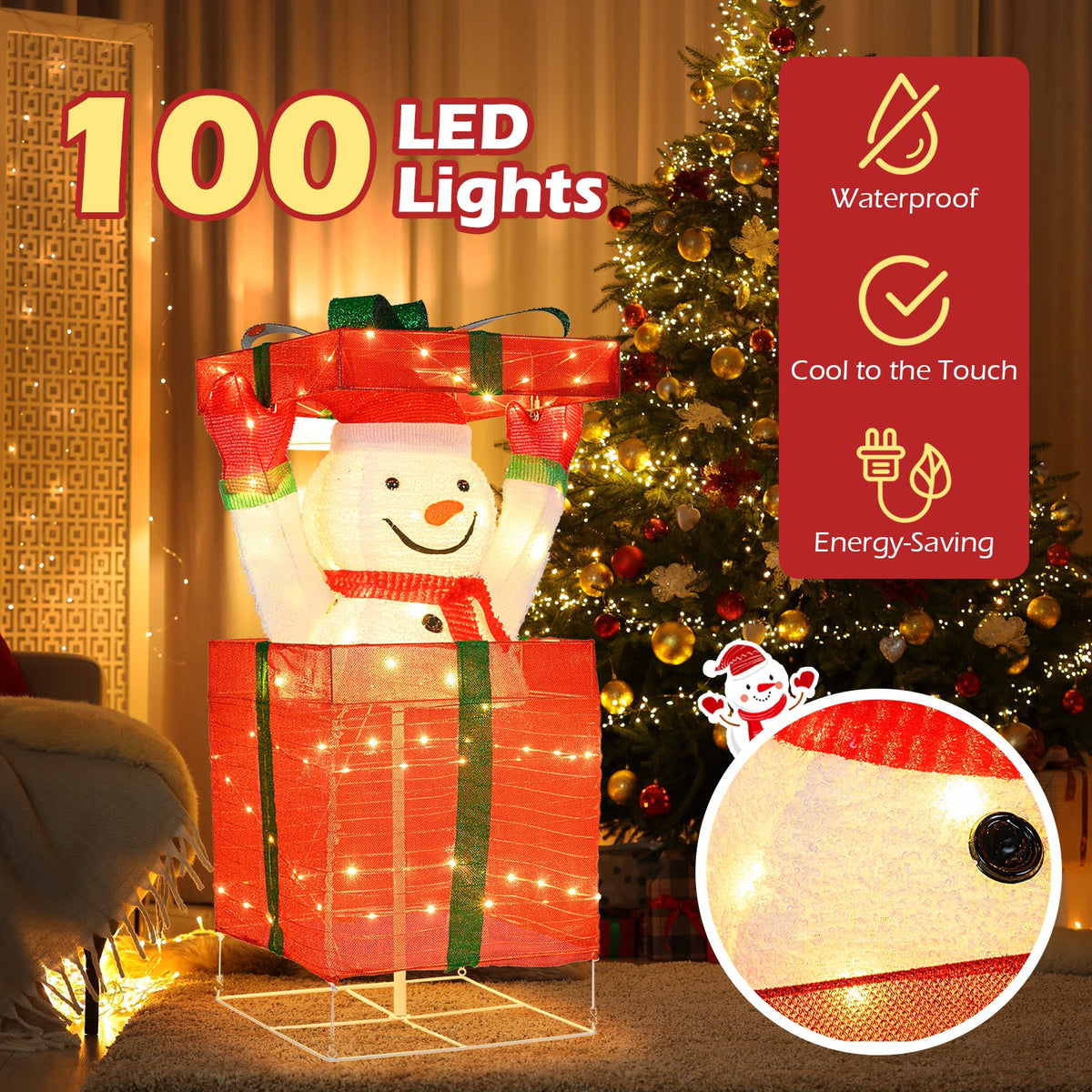 Lighted snowman in stacked red gift boxes with 100 LED lights Christmas decoration on Tampa Home & Garden Store