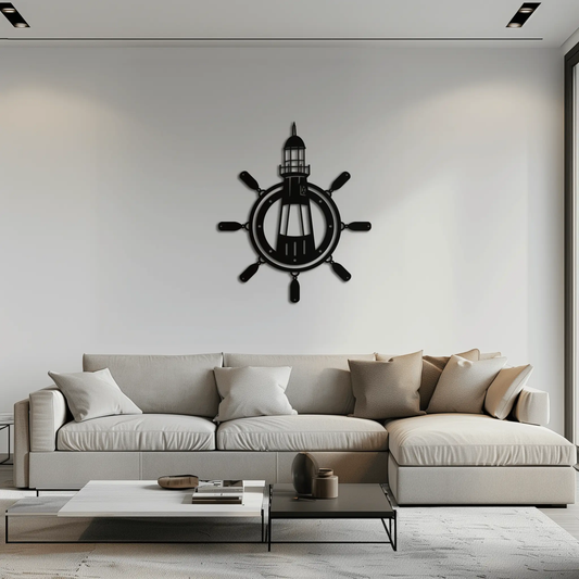 Lighthouse and Ship Wheel Metal Wall Art - Nautical Steel Wall Decor - KAF028 - Tampa Home & Garden Store