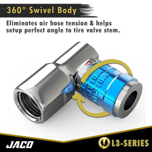 JACO Lightning L3-Series bike tire air chuck 1/4 F-NPT, open flow, blue gear, metal body on Tampa Home & Garden Store