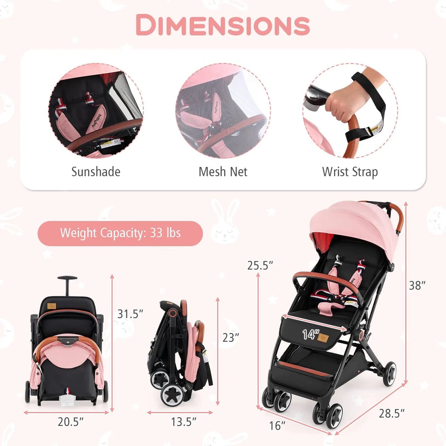 Lightweight aluminium frame stroller with pink canopy and mesh net; DirectDeals full-sized stroller on Tampa Home & Garden Store