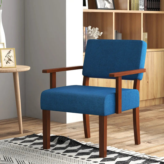 Linen accent chair with padded blue upholstery and backrest, wooden armrests on Tampa Home & Garden Store