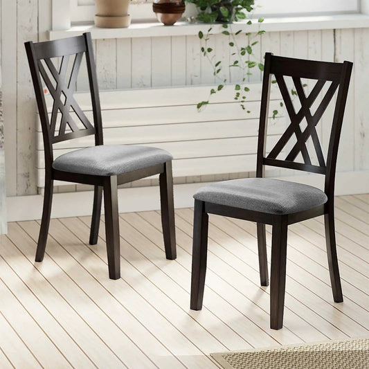 Linen upholstered dining chair pair with dark rubber wood frame, X-back, gray fabric seats on Tampa Home & Garden Store