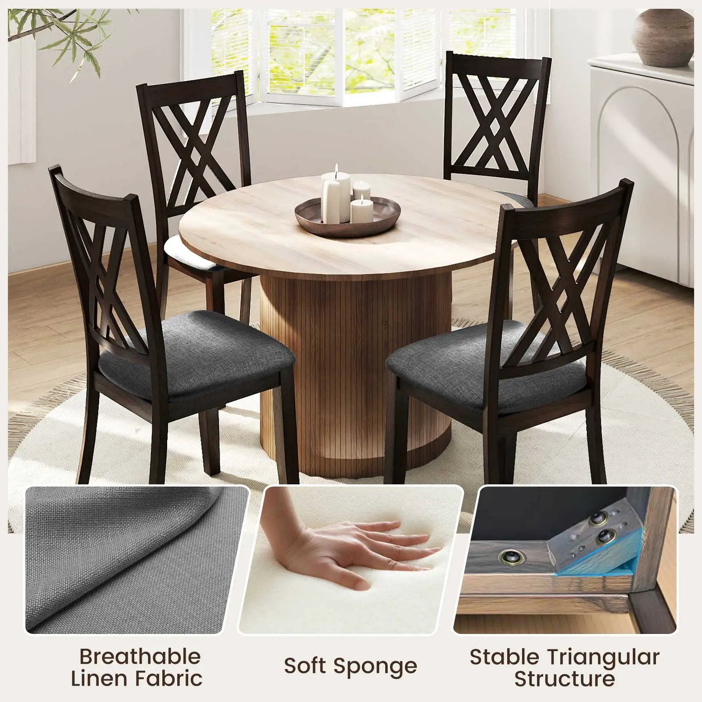 Linen Upholstered Dining Chairs Set of 4 with dark frames and gray cushions around a round table on Tampa Home & Garden Store