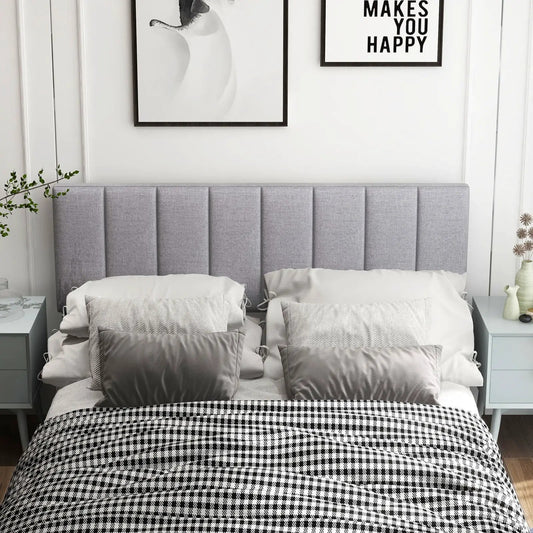 Gray linen upholstered headboard with vertical panels and adjustable width on Tampa Home & Garden Store