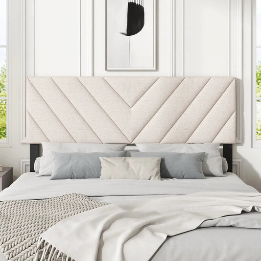 Beige linen upholstered headboard with chevron diagonal panels for full or queen bed on Tampa Home & Garden Store