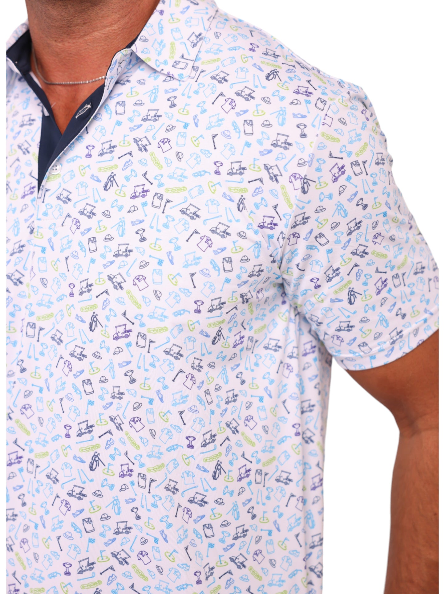 Links Print Polo by White Water Life; golf-themed print on white fabric with blue, purple, lime icons on Tampa Home & Garden Store