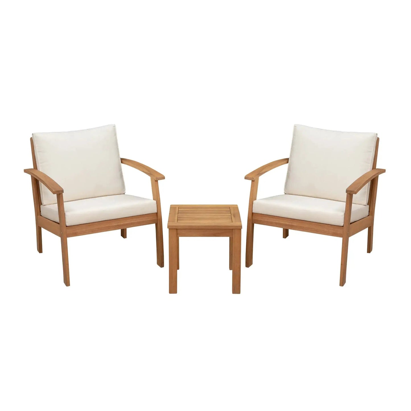 Two Lio wooden armchairs with cream cushions and a natural wood side table on Tampa Home & Garden Store