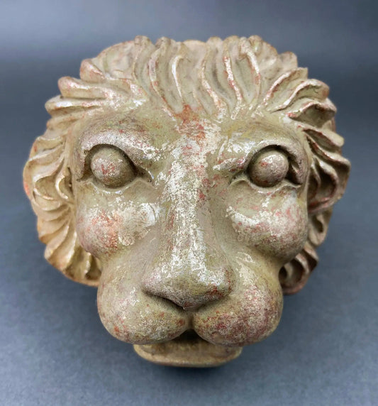 Distressed Golden Lion Head Paper Weight Desk Figurine with worn finish decorative decor on Tampa Home & Garden Store