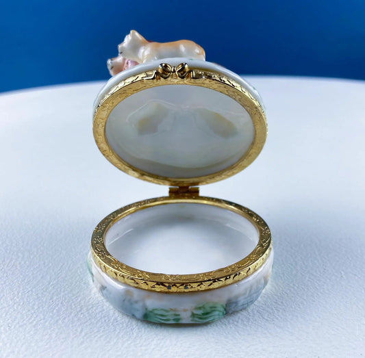 Lefton Lion and Baby trinket box, porcelain with brass detail and ornate gold trim on Tampa Home & Garden Store